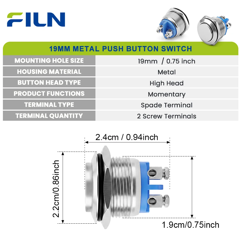 FILN 3 Stück 19mm Metall-Drucktaster, Hochkopf, Momentan, 2 Schraubanschlüsse, Selbstrückstellender Schalter für Generator – Detail 1