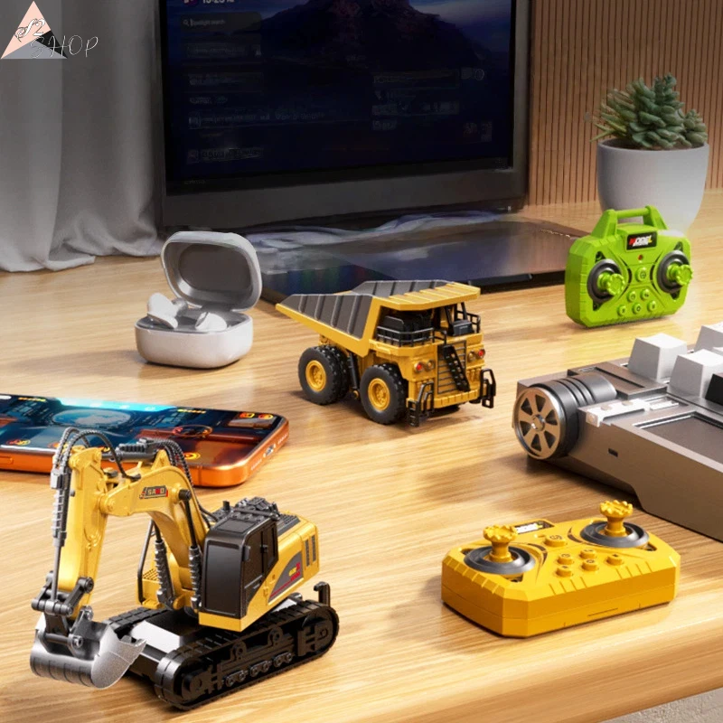 

1:64 Scale 7-in-1 Alloy Engineering Set: RC Forklift, Crane, Dump Truck with Trailer, Bluetooth Remote Control Mini Car Toy
