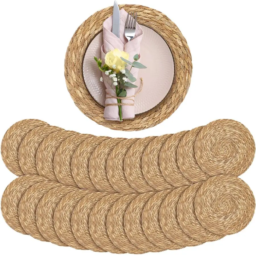 

24 Pack 12Inch Round Woven Placemats Natural HandWoven Boho Rattan Wicker Bulrush Placemat Farmhouse Rustic Braided Table Mats f