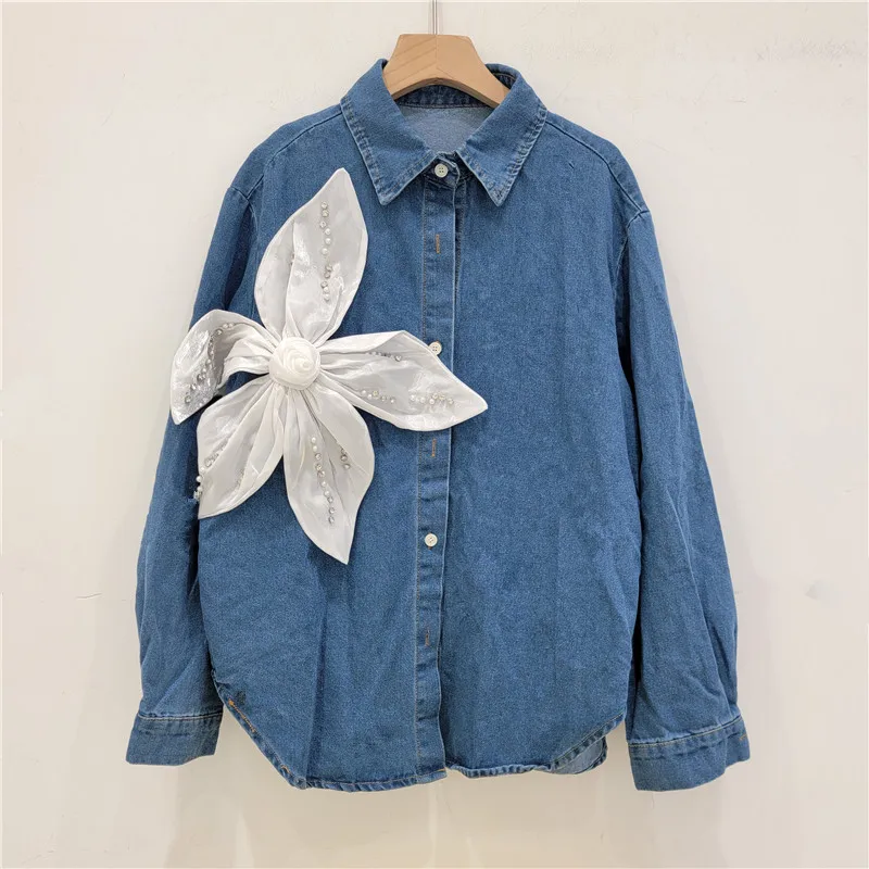 

Chic Diamonds Beaded 3D Flowers Splice Denim Shirt Spring Autumn Pearls Floral Jeans Jacket Cowboy Cardigan Single Breasted Tops