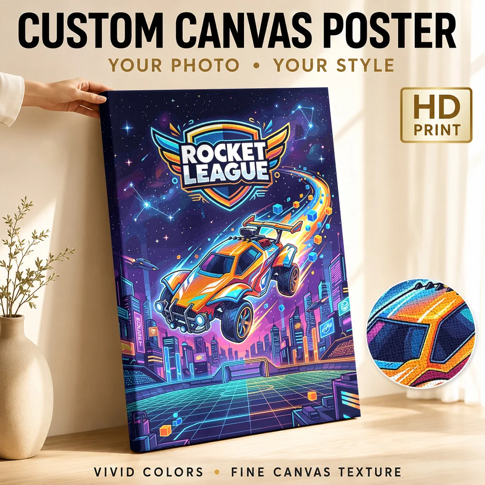 Rocket League Sports Car In City Canvas Poster Personalized Photo Cyberpunk Neon Glow Wall Art For Gaming Room Game Lover Gift