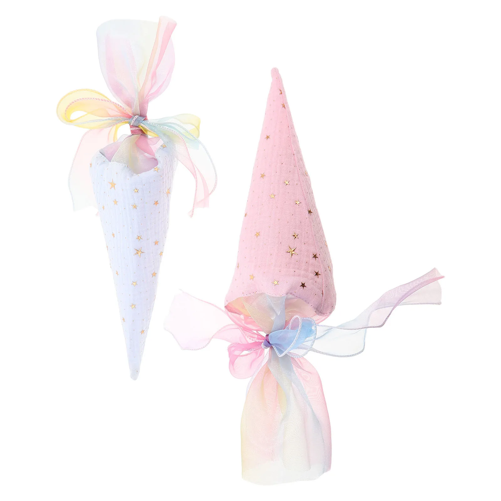 

2pcs Reusable Fabric Cone Treat Bags For Christmas Halloween Star Pattern Polyester Bag With Tulle Ribbon Multipurpose Cloth