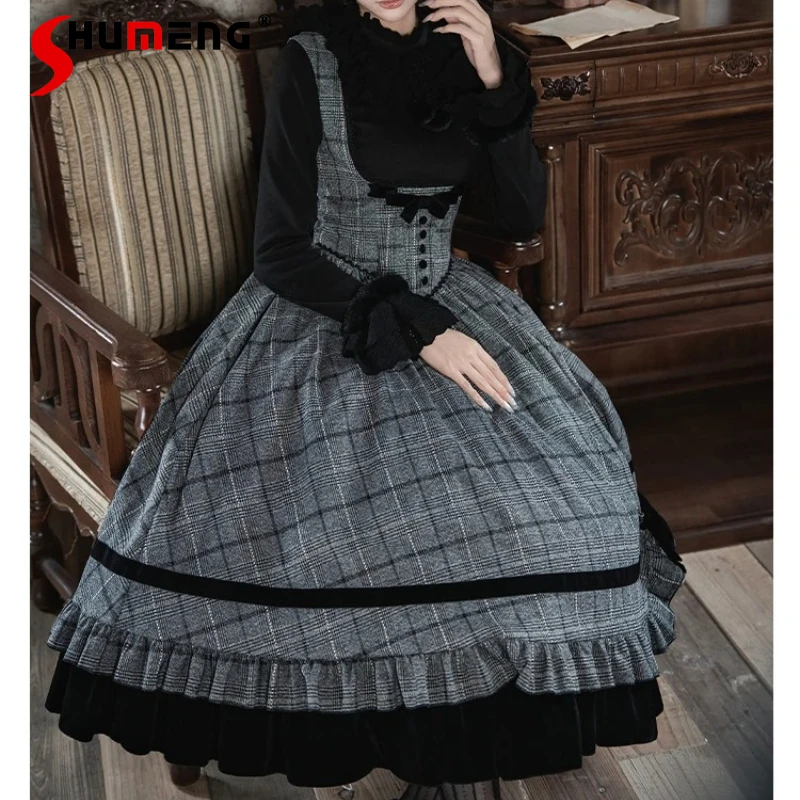 Japonais Lolita doux mignon Plaid arête de poisson poitrine soutien OP robe double vêtements 2025 automne Rojita minceur robes taille haute