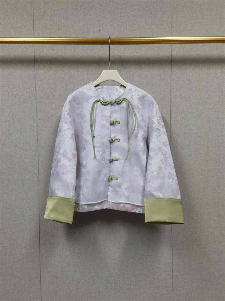 Chaqueta elegante de manga larga con cuello redondo para mujer, abrigo de hebilla de placa Jacquard rosa y verde, novedad de primavera 2024