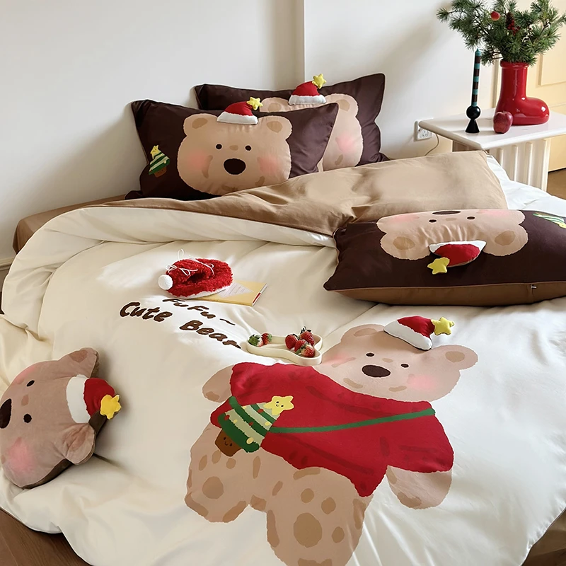 Cute Cartoon Christmas Bear Child Bedding Set Single Queen King Size Egyptian Cotton Brushed Duvet Cover Bed Sheet Pillowcases