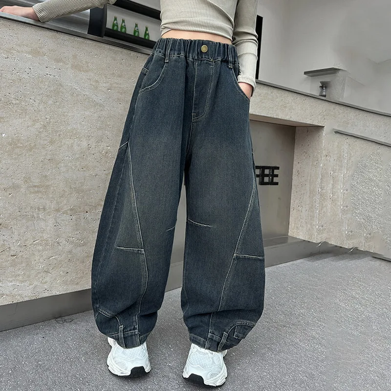 Curved Knife Design Jeans for Girls Autumn Loose Casual Elastic Waist Teenage Children Wide Leg Pants Streetwear Kids Trousers