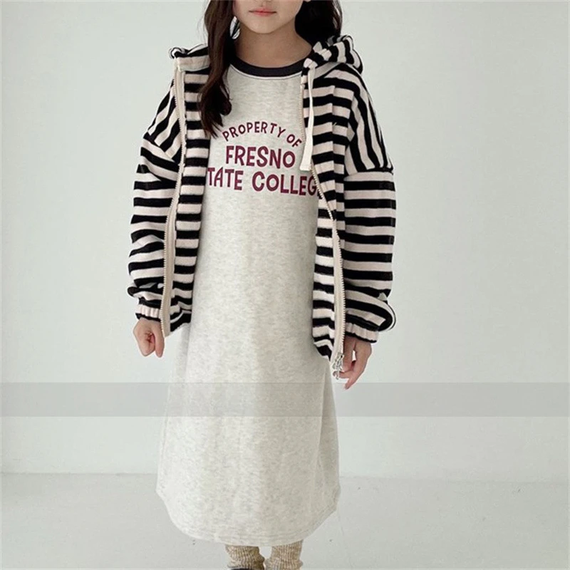Fashion Casual Style Colored Sleeve Letter Printing Fleece Cotton Guard Dress Girls' Korean Autumn and Winter New Dress