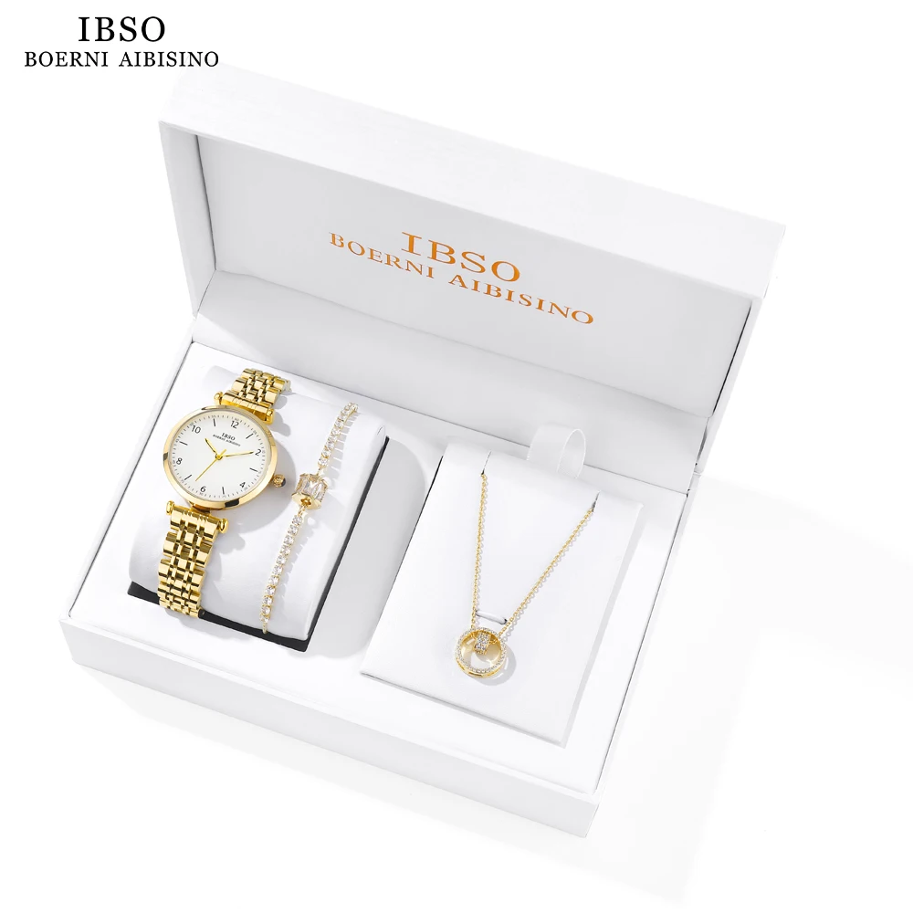 IBSO New Women Quartz Watch Set Luminous Zircon Dial Necklace Bracelet Jewelry Set Watch Ladies 3ATM Waterproof Stainless Steel