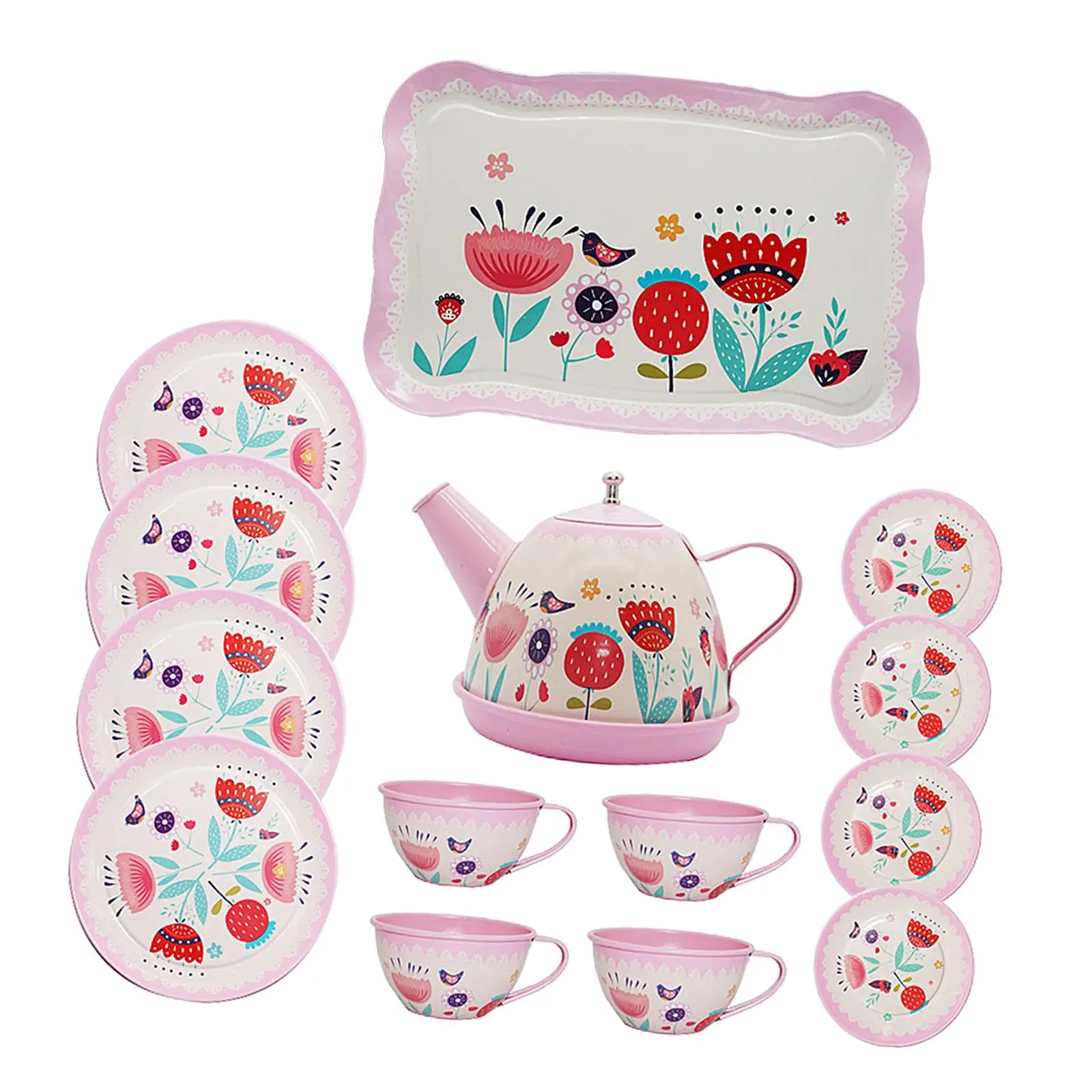 Kinder-Teeset, Teekanne, Tassen, Tablett, Metall-Teeparty-Set für Kinder, Kleinkinder