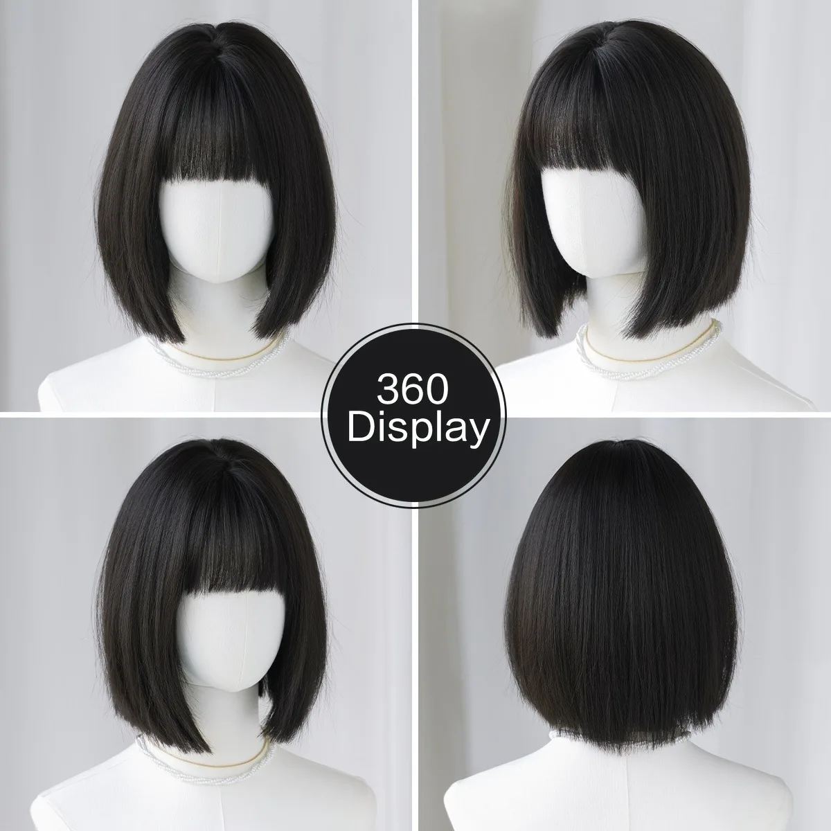 شعر مستعار بوب أسود قصير مفرود، شعر مستعار من الألياف الاصطناعية المقاومة للحرارة، مع غرة للسيدات، قبعة شبكية وردية مقاس 12 بوصة، مناسبة f #5