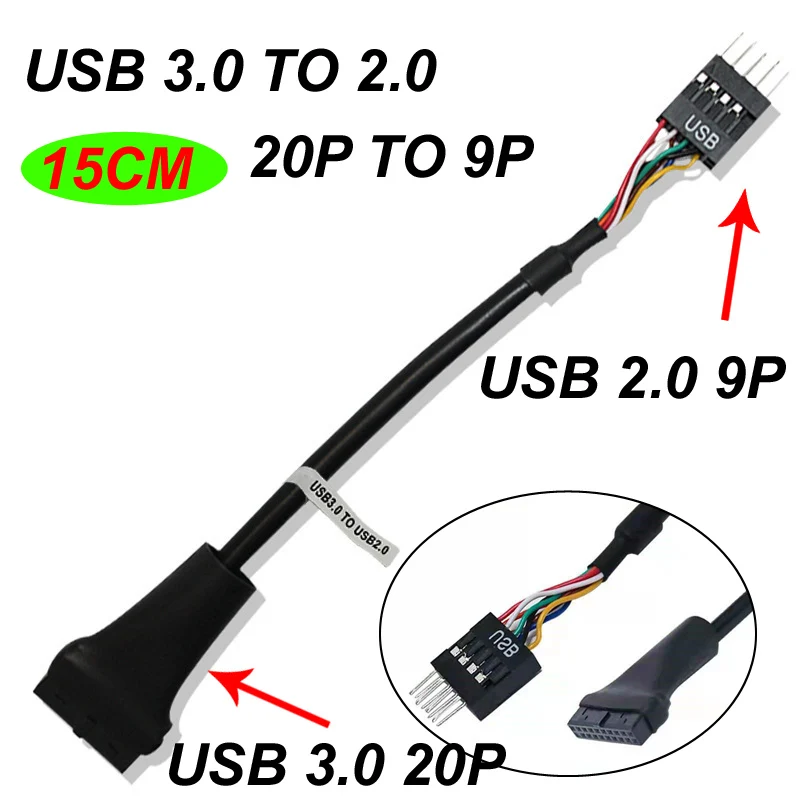 15CM USB 2.0 9 Pin Housing Male To Motherboard Internal USB 3.0 20pin Female Adaptor Bridge Cable Adapter For PC Computer