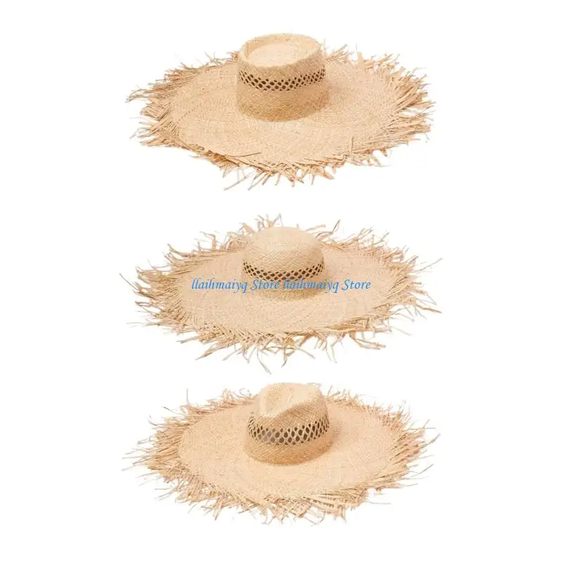 

573B Wide Brims Openwork Woven Straw Hat Sombrero Raffia Sun Hat For Beach Vacation
