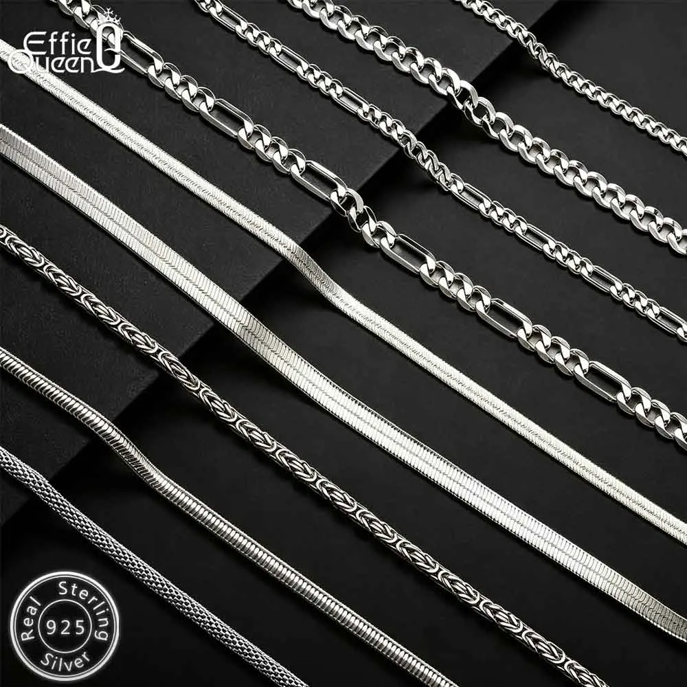 EFFIE QUEEN Real 925 Sterling Silver Diamond Cut Twist Rope Figaro Cuban Snake Bead Box Link Chain Necklace DIY Fine Jewelry SC