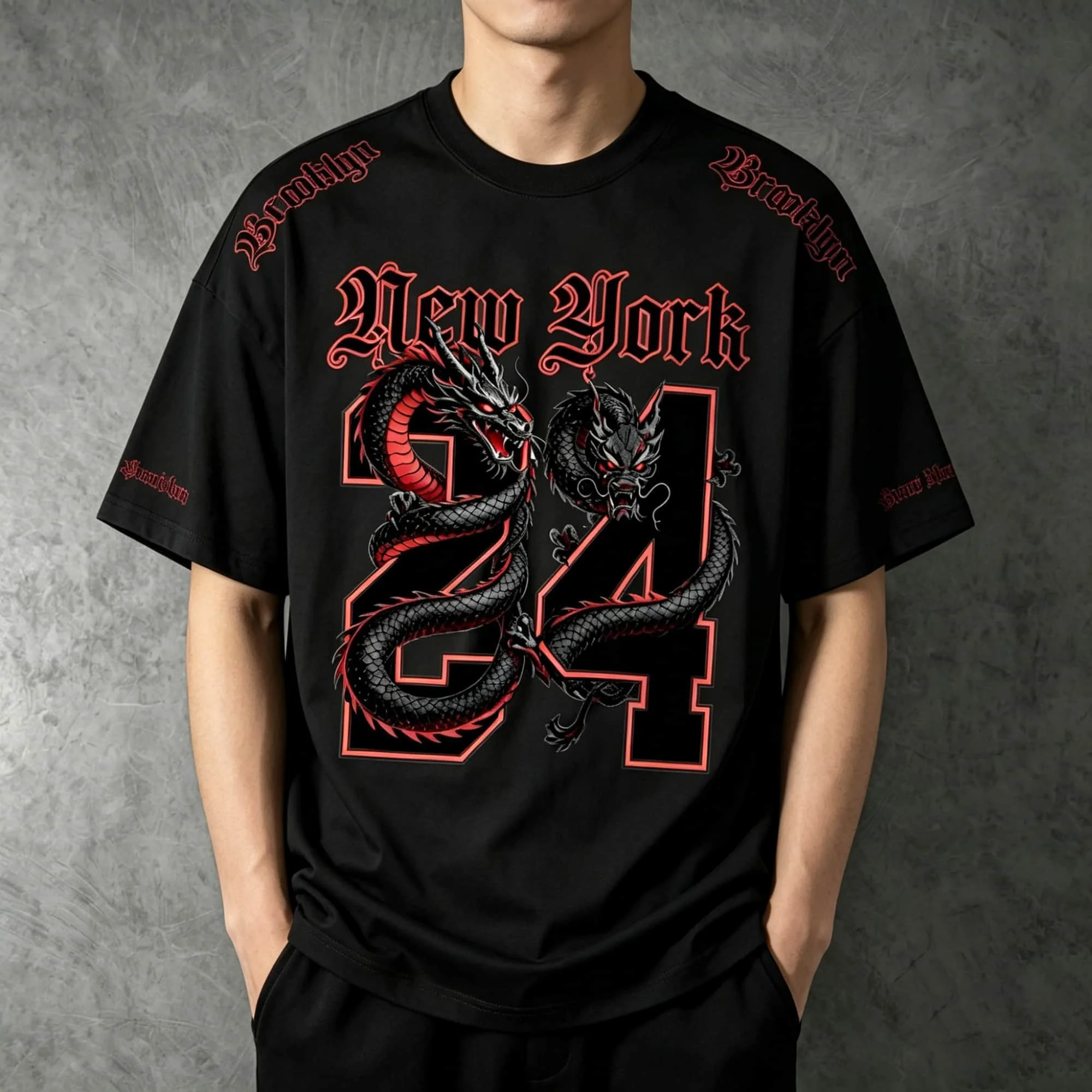American Vintage Streetwear T-Shirt Schwarz Rot Double Dragon New York 24 Gothic Graphic Übergroße Kurzarm-Tops