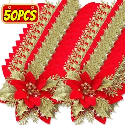 Glitter Artificial Christmas Flowers for Xmas Tree Ornaments Fake Flower Floral with Clips New Year Party Home Decor Wholesale