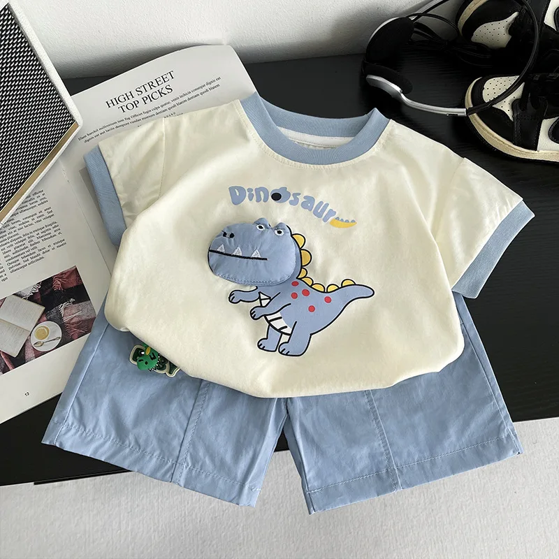 New Baby Summer Clothes Kids Cute Cartoon Suits Boys 3D Dinosaur Tshirt Shorts 2Pcs Sets Chidren Girls Fashion Clothing Outfits