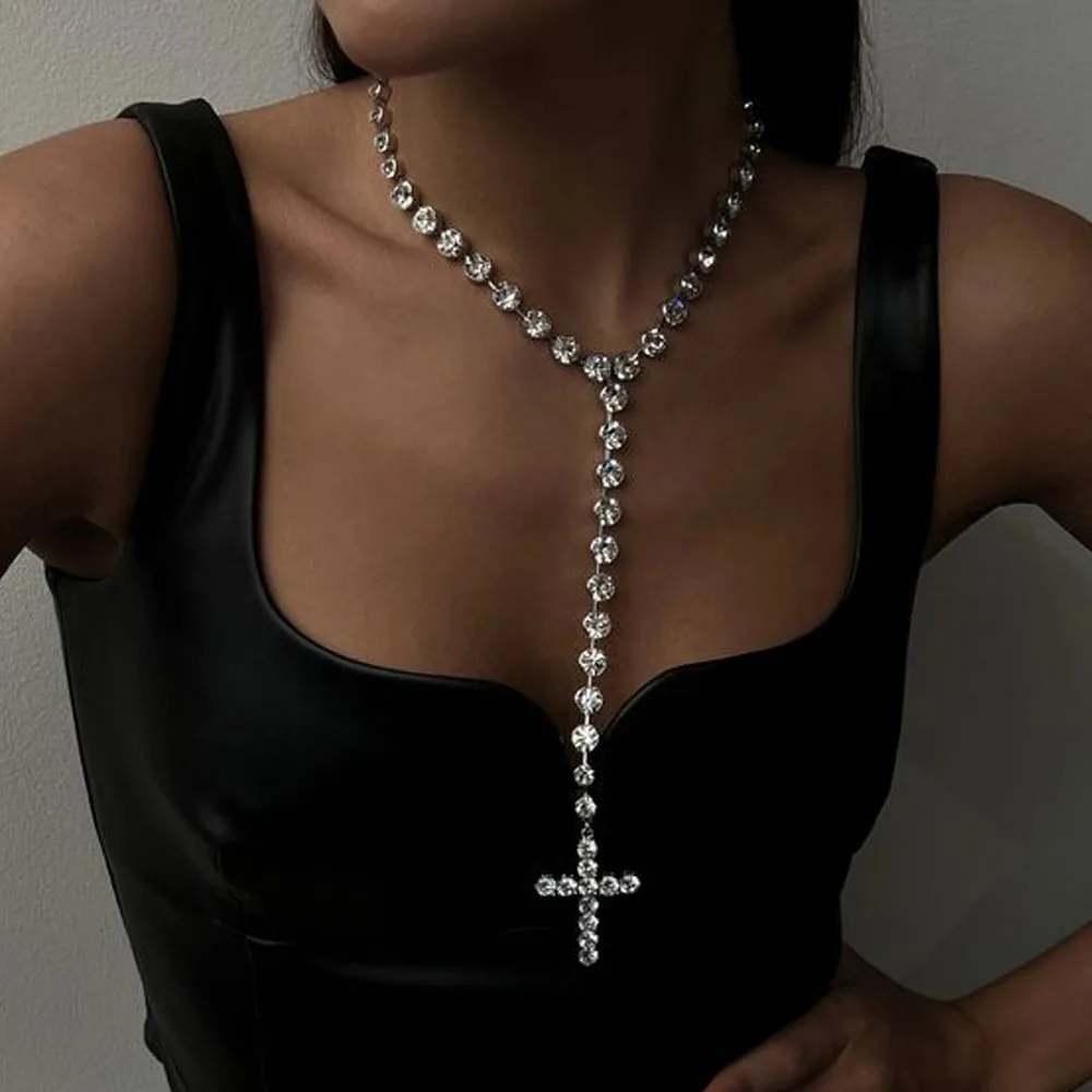 XSBODY Cross Pendant Necklace Women Free Shipping Rhinestone Statement Big 2023 Crystal Charm Y Shape Necklace Collar Jewelry