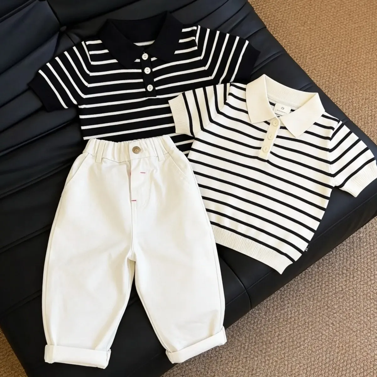 

BabyBoys Summer Striped Polo Shirt Short Sleeve Set with Versatile Casual Pants 2-Piece New Children's Outfit