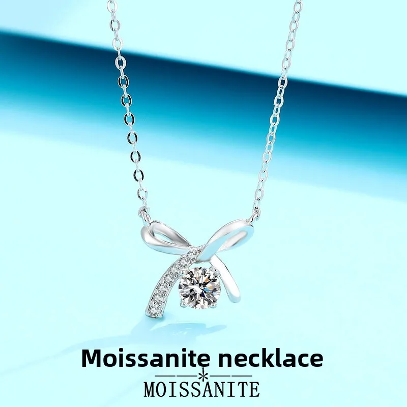

S925 Sterling Silver Minimalist 4-Prong Bow 0.5CT Moissanite Pendant Necklace for Women - Luxury Collarbone Chain