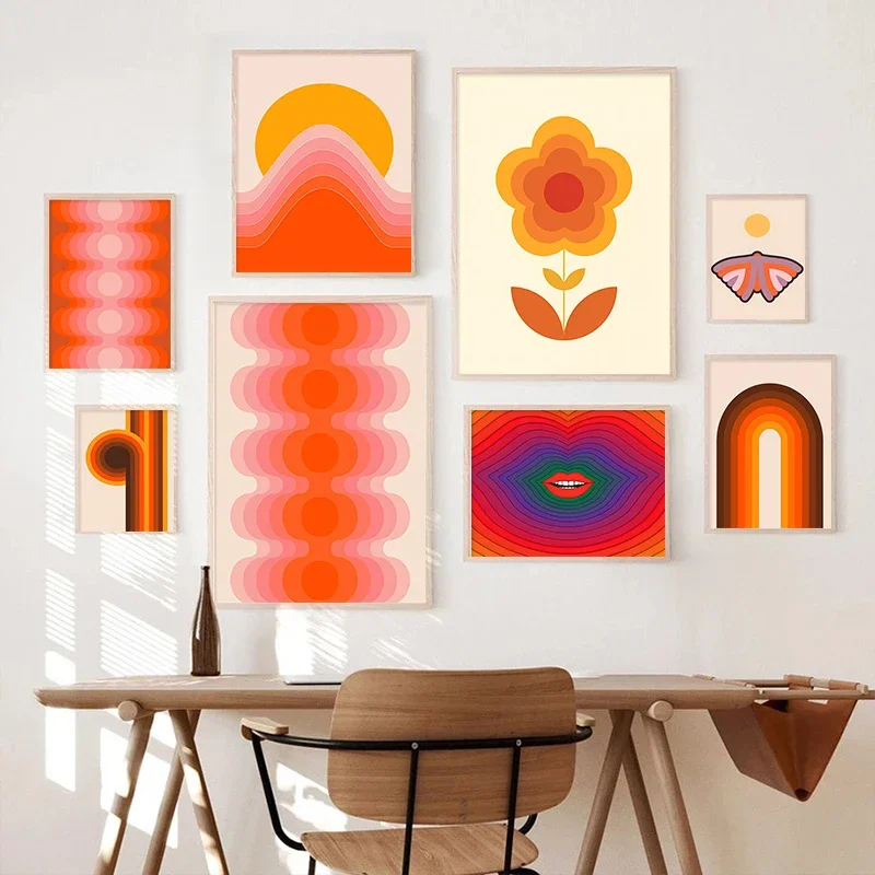 Retro Stripes Art Prints Sunset Lip Rainbow Flower Butterfly Boho Poster Canvas Painting Wall Pictures For Living Room Decor