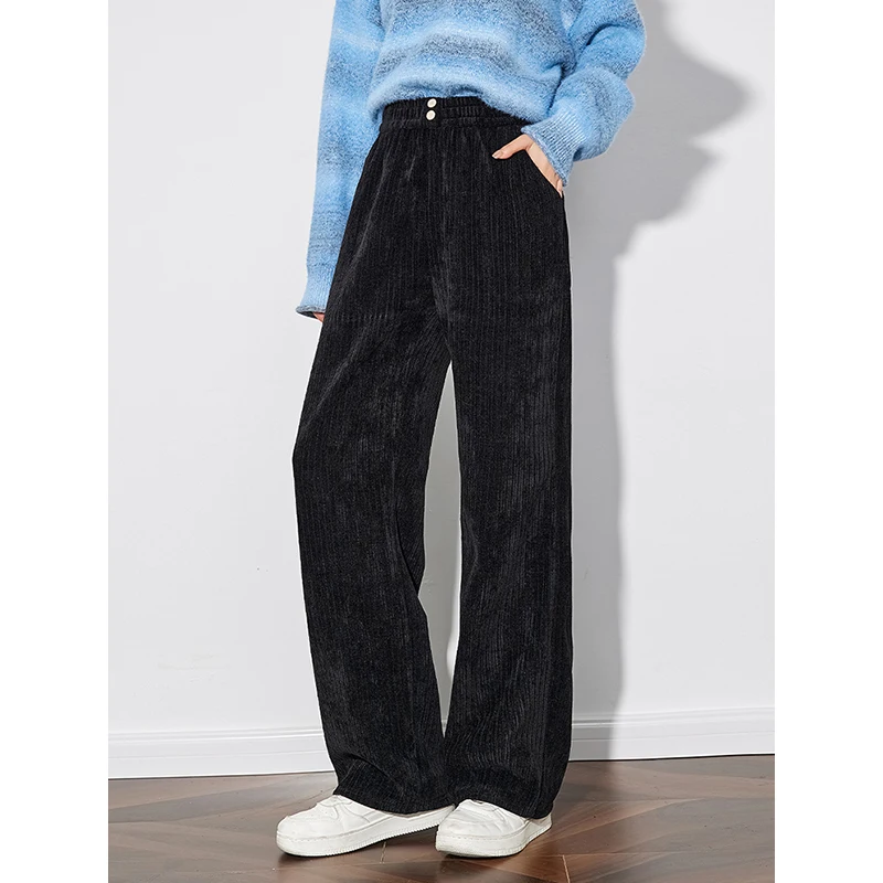 TOYOUTH Women Casual Pants 2024 Winter New Velvet Elastic Waist Casual Straight Wide Leg Long Pants