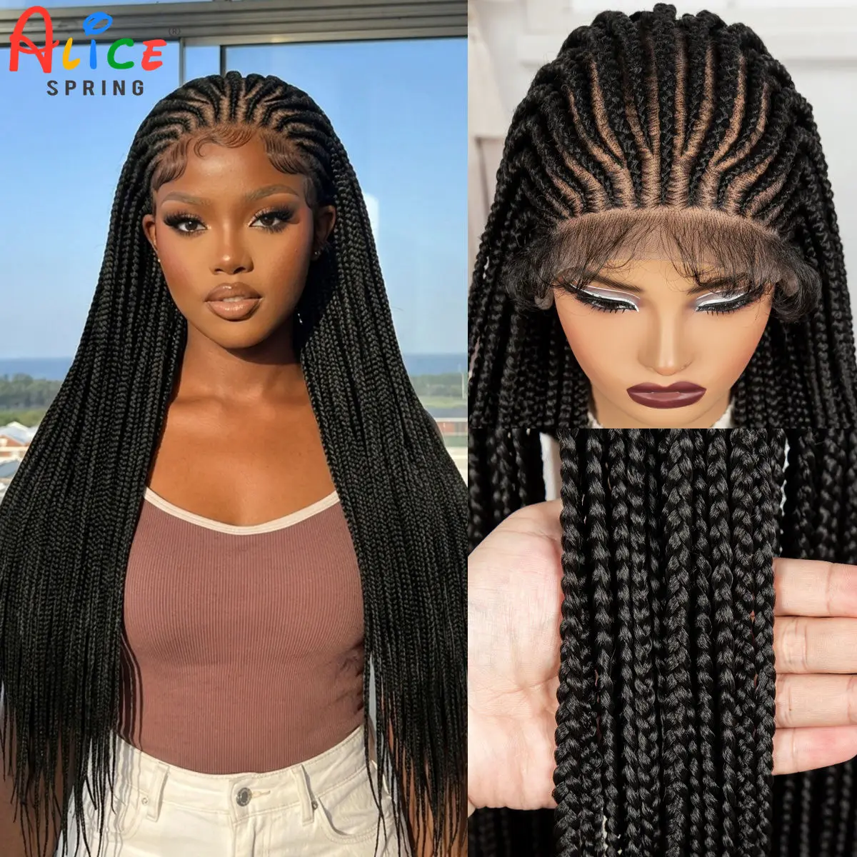 34inch Cornrow Braided Wigs Synthetic Full Lace Box Braiding Hair Wigs with Baby Hair for Black Women
