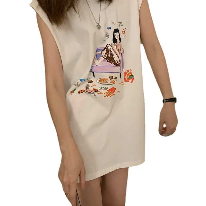 เสื้อยืดแขนกุดสีขาวผู้หญิงฤดูร้อนเวอร์ชั่นเกาหลีหลวมพิมพ์เสื้อกั๊กขนาดกลางและยาวด้านบน