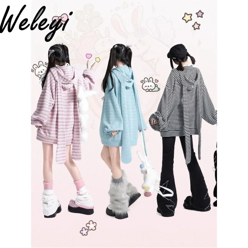 

Y2K Striped Rabbit Ears Hooded Sweater Ropa De Mujer Autumn and Winter Sweet Subculture Long Sleeve Loose Zipper Jacket Cardigan