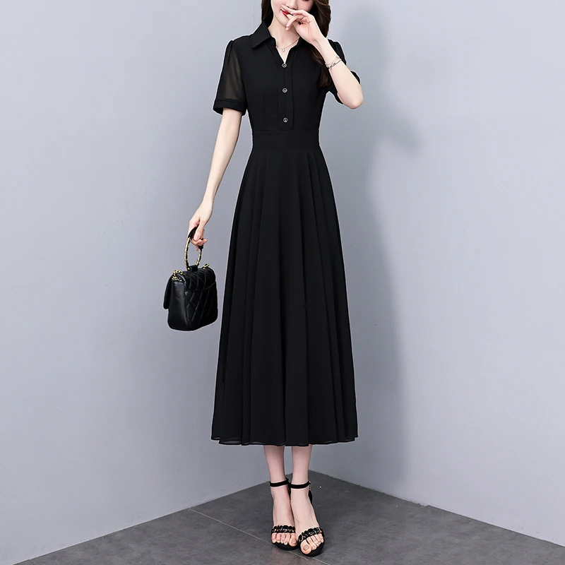 ชุดเดรสชีฟองสีพื้นลำลองสำหรับผู้หญิง ฤดูร้อน 2025 ชุดเดรสทำงานสไตล์หรูหรา ชุดเดรสทรงเข้ารูปสไตล์วินเทจ ชุดเดรสออกงานกลางคืนสุดชิค ชุดเดรสยาวสำหรับงานพรอม