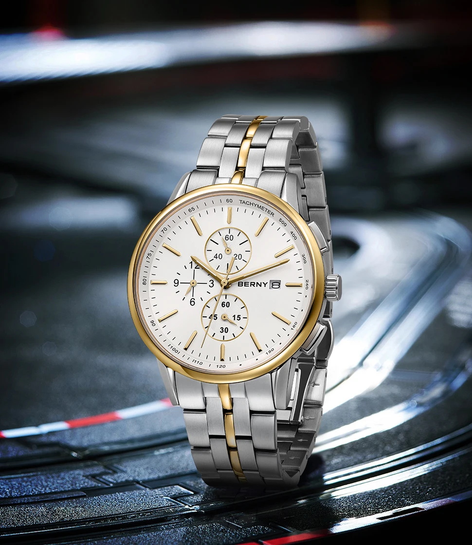 BERNY Quartz Chronograph Men Watches 24-hour Dial MIYOTA OS10 Multi-function Stainless Steel Sapphire Sports Wristwatch Men