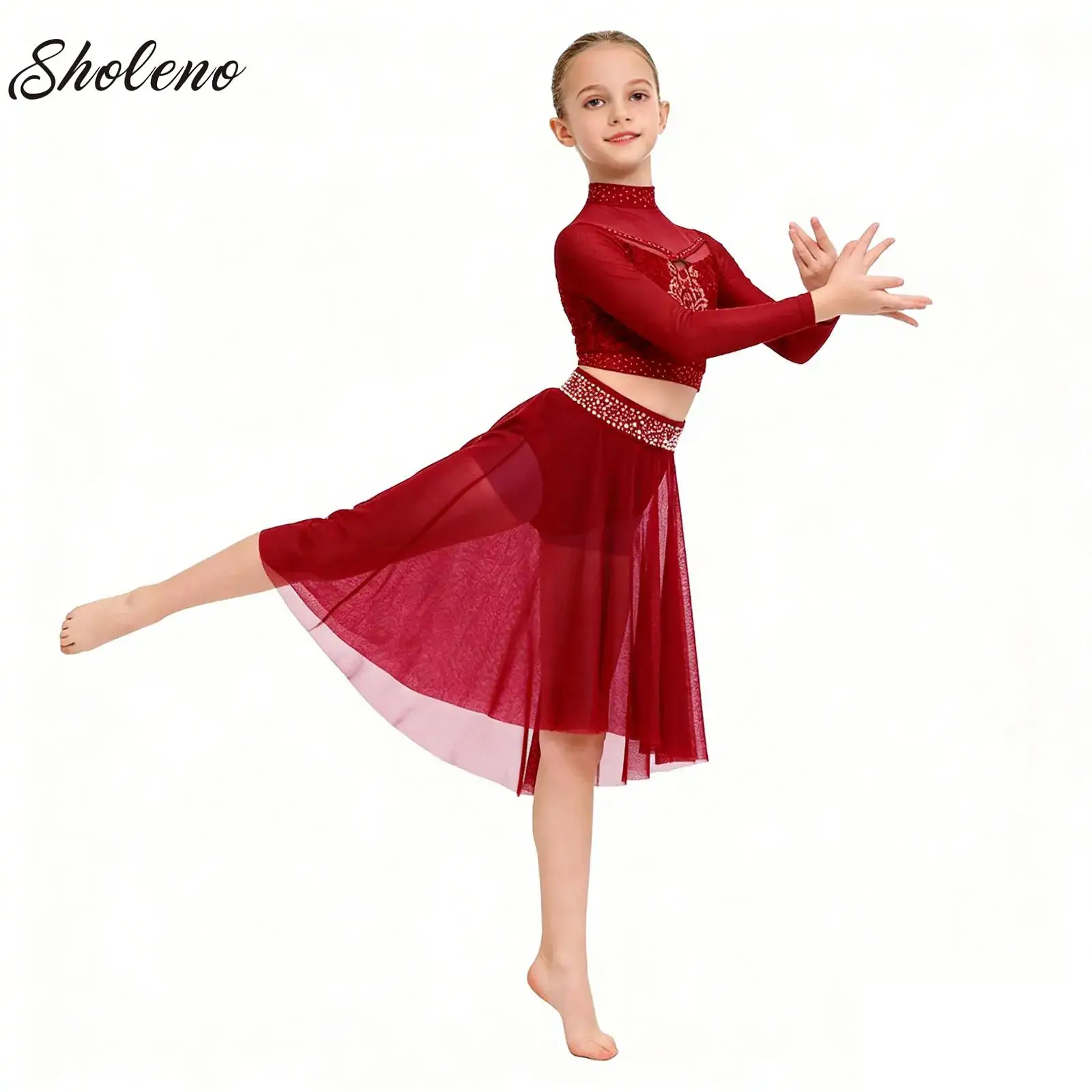 

Kid Girls Figure Skating Outfits Lyrical Modern Dance Performance Costume Ballet Dance Set Shiny Rhinestone Crop Top+Skirts Suit