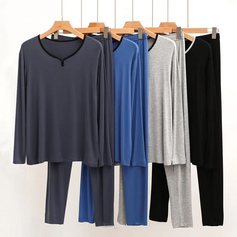 Men's Modal Sleepwear Home Clothes Set Thin Warmth Autumn Winter Two-Piece Suit Comfortable Long Sleeve V-Neck Pullover Night...