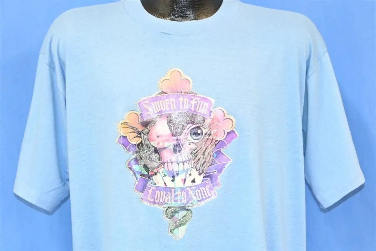 

80s Sworn To Fun Loyal None Iron On Glitter Sword Serpent Skull T Shirt Extra Large