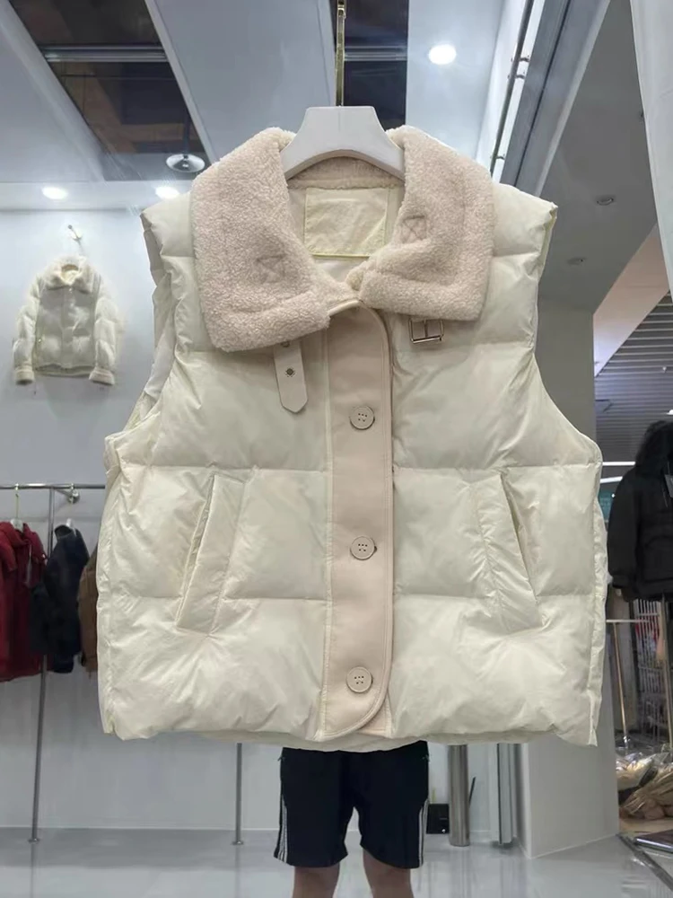 

Осень-зима теплый замшевый жилет на пуху с лацканами женские однобортные однотонные жилеты женские белые свободные жилеты без рукавов на утином пуху