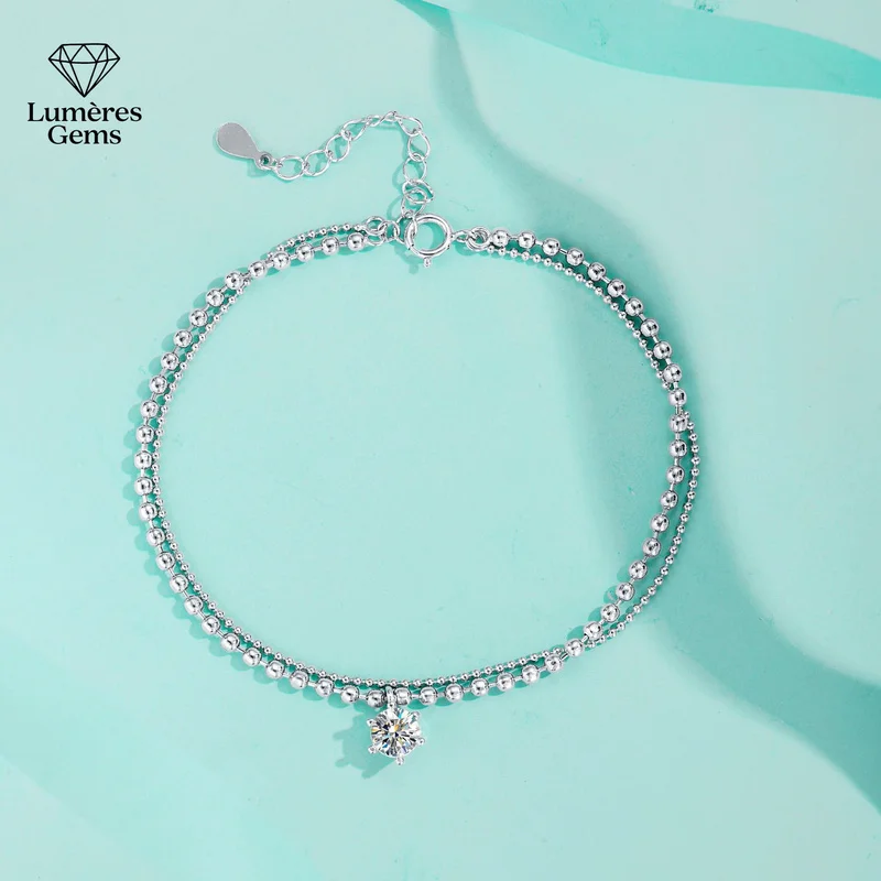 Lumière Gems Platinum 950 Palladium Sapphire Round Bead Bracelet - Women's Simple, Fashionable, Luxury, Double-Layer, Versatile
