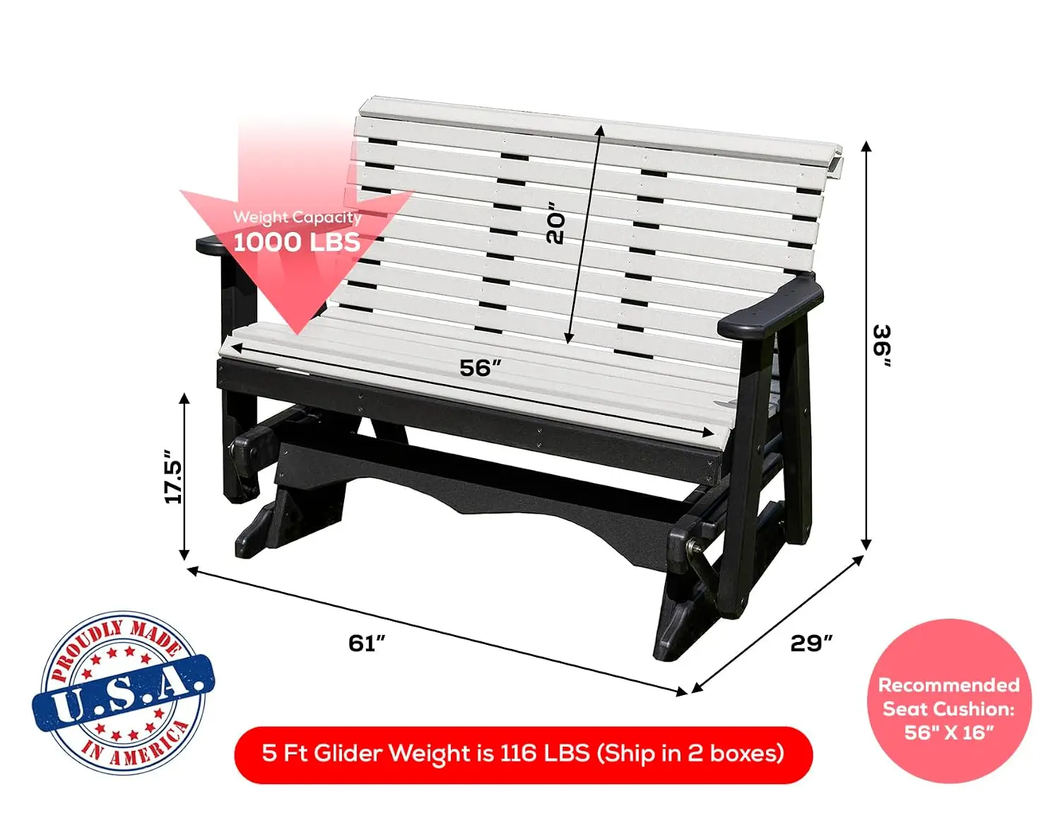 5 FT White Amish-Made Porch Glider – 1000 lb Heavy-Duty Poly Lumber wood Roll Back Glider – USA Crafted HDPE, Customized