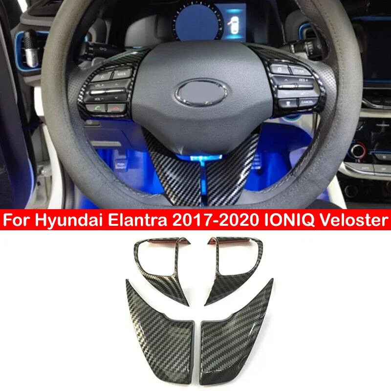 For Hyundai Elantra 2017-2020 IONIQ Veloster Carbon Fiber Look Car Interior Steering Wheel Trim Cover Sticker Button Frame Auto