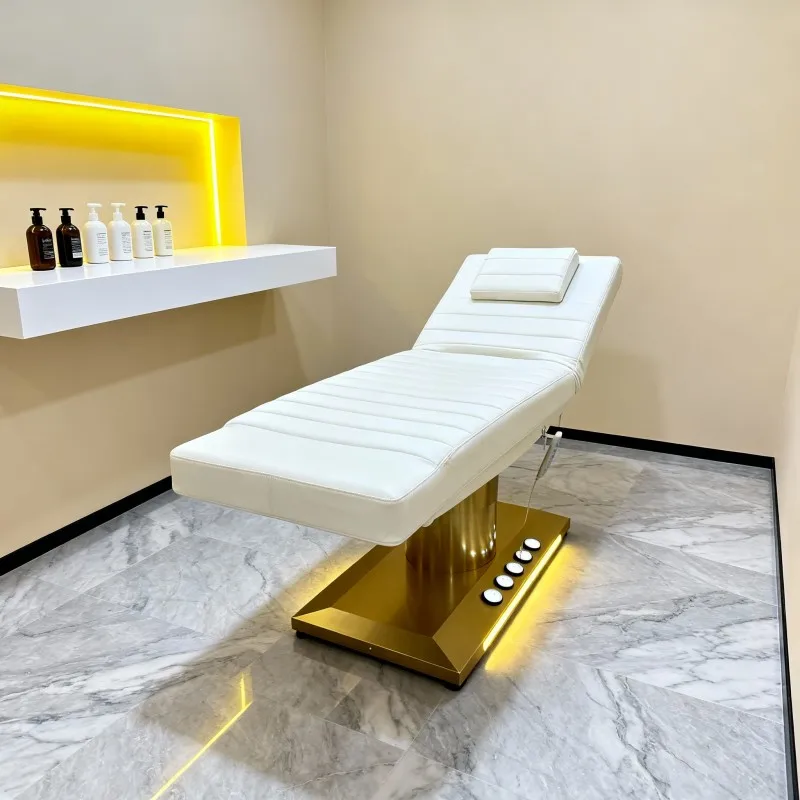 

Popular Gold Base Electric Beauty Bed Height Adjustable Massage Table Stainless Steel Frame Synthetic Leather 3 Motor for Hotel