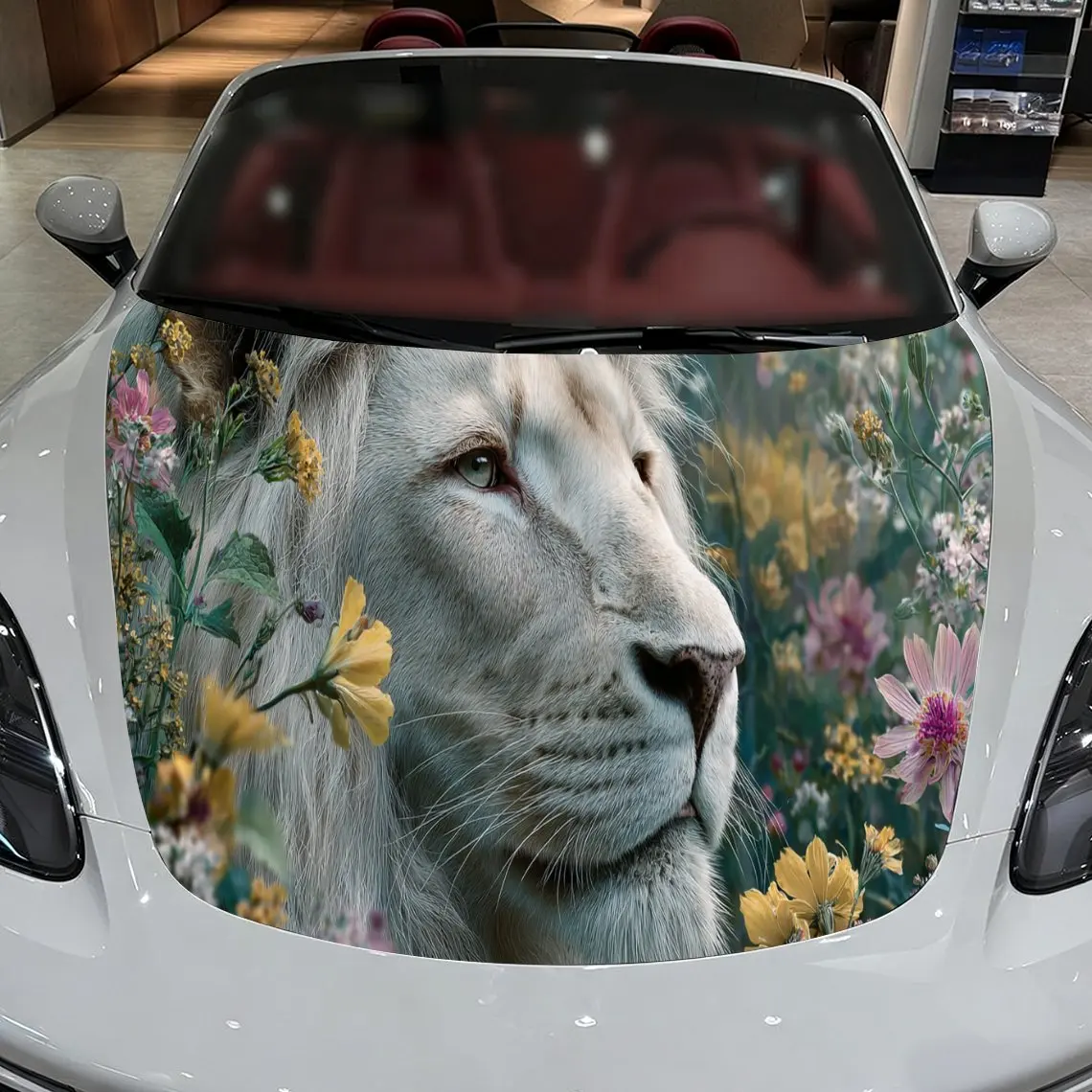 

Romantic Floral White Lion Car Hood Stickers - Self-Adhesive, Waterproof and Durable Vinyl Wrap, Decorate And Protect Your Car -
