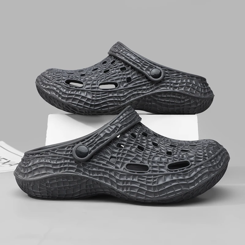 

Wide fit outdoor beach slides loose front fit for swollen feet after walking, elastic strap non-slip seaside slippers for men