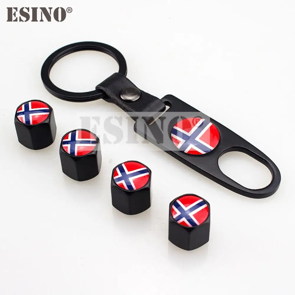 

4 x Car Stainless Steel Zinc Alloy Wheel Tire Valve Stems Caps Norway National Flag l Universal Fit With Mini Wrench Key Chain