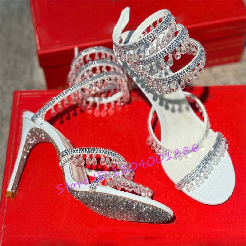 Rhinestone Snake Shape Ankle Strappy Sandals Summer Sexy Open Toe High Heels Crystal Pendant Stiletto Party Wedding Women Shoes