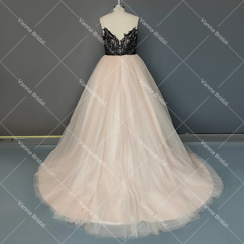 Vestido de novia de tul esponjoso, dos tonos, negro, apliques, tallas grandes, envío directo, tirantes finos, botones, espalda descubierta