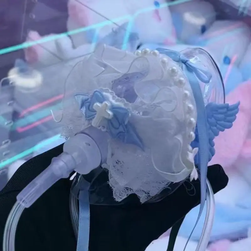 Lolita Y2K Girls Lace Bow Angel Wing Oxygen Mask Steampunk Transparent Pvc Breath Mask Cosplay Prop