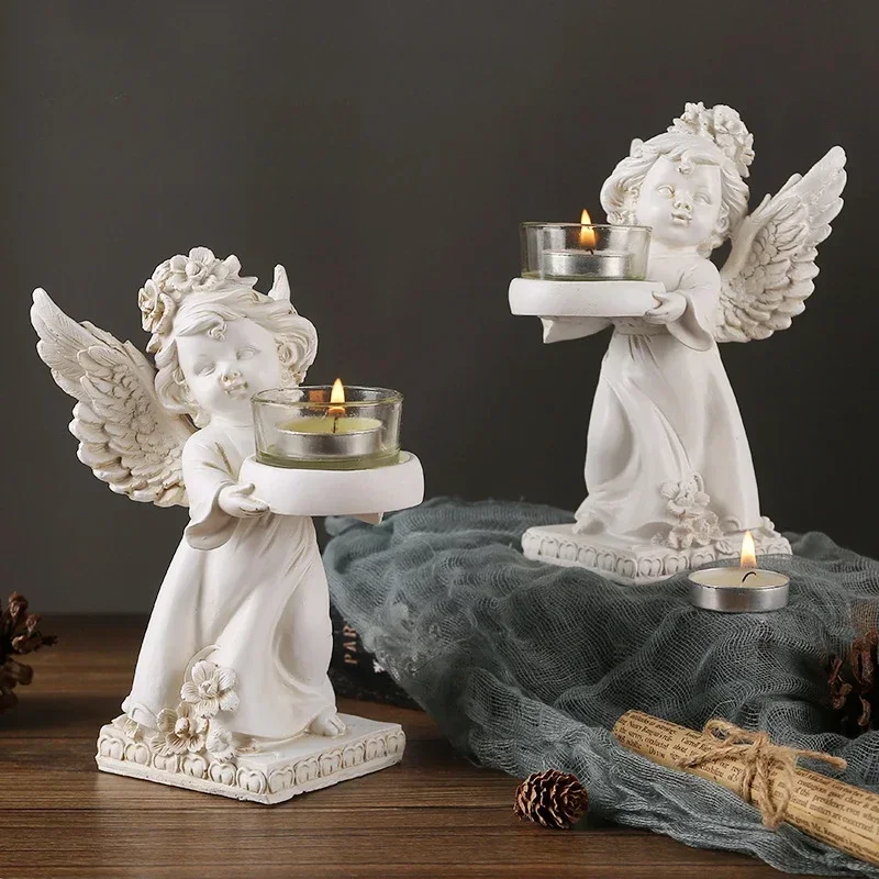 

Europe Retro Angel Candle Holder Resin Vintage Figurines Desktop Candlelight Dinner Wings Angel Candlestick for Small Tealight