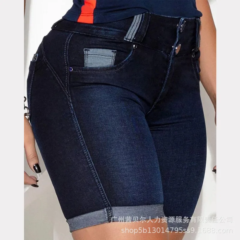 

Women Denim Shorts 2023 Summer Retro Simple Hip Lifting Solid Color High Waist Tight Height Elastic Button Pockets Jeans Pants