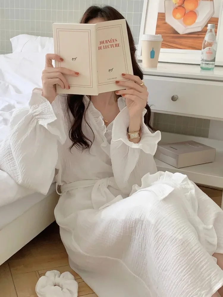 Women Robe Ruffles Sleepwear V-Neck Bathrobe Kimono Robes with Belt Korean Night Dress Bridesmaid Dressing One Piece Pajamas