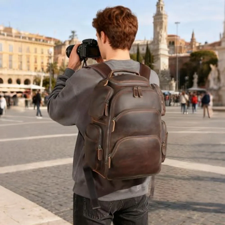 TIDING خمر الجلود والحبوب الكاملة 16 بوصة محمول على ظهره للرجال جيوب متعددة حقيبة سفر عطلة نهاية الأسبوع الأعمال Daypack_Large #6