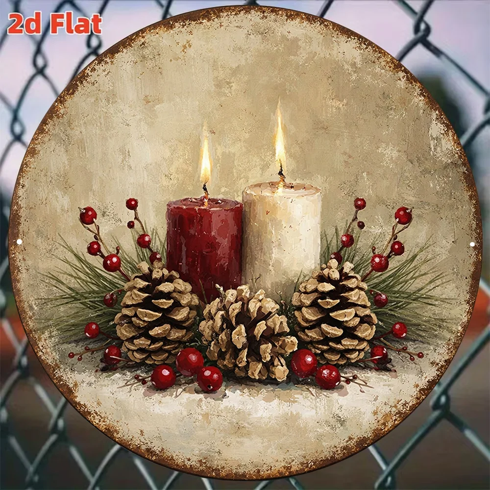 2D Flat Circular Aluminum Sign, Christmas Candle Pine Cone Vintage Aluminum Plaque, Christmas Decoration Sign