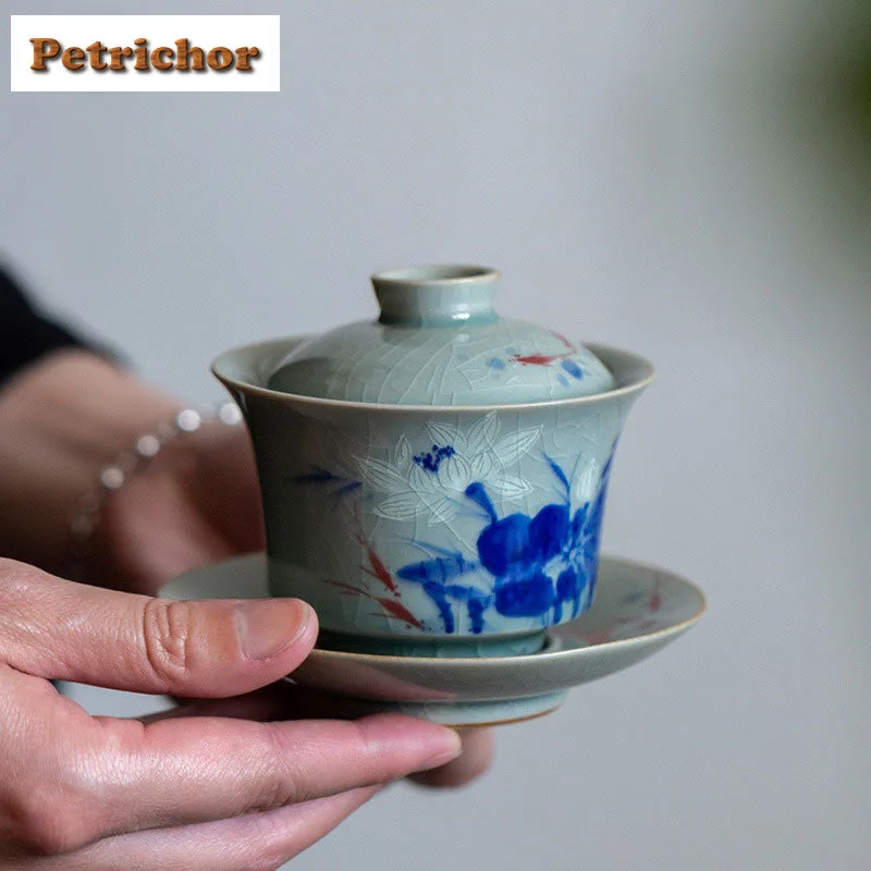 

125ml Old Clay Hand-painted Fish Playing With Ice Cracking Gaiwan Antique Tea Tureen Tea Bowl With Lid Kit Tea Making Cover Bowl